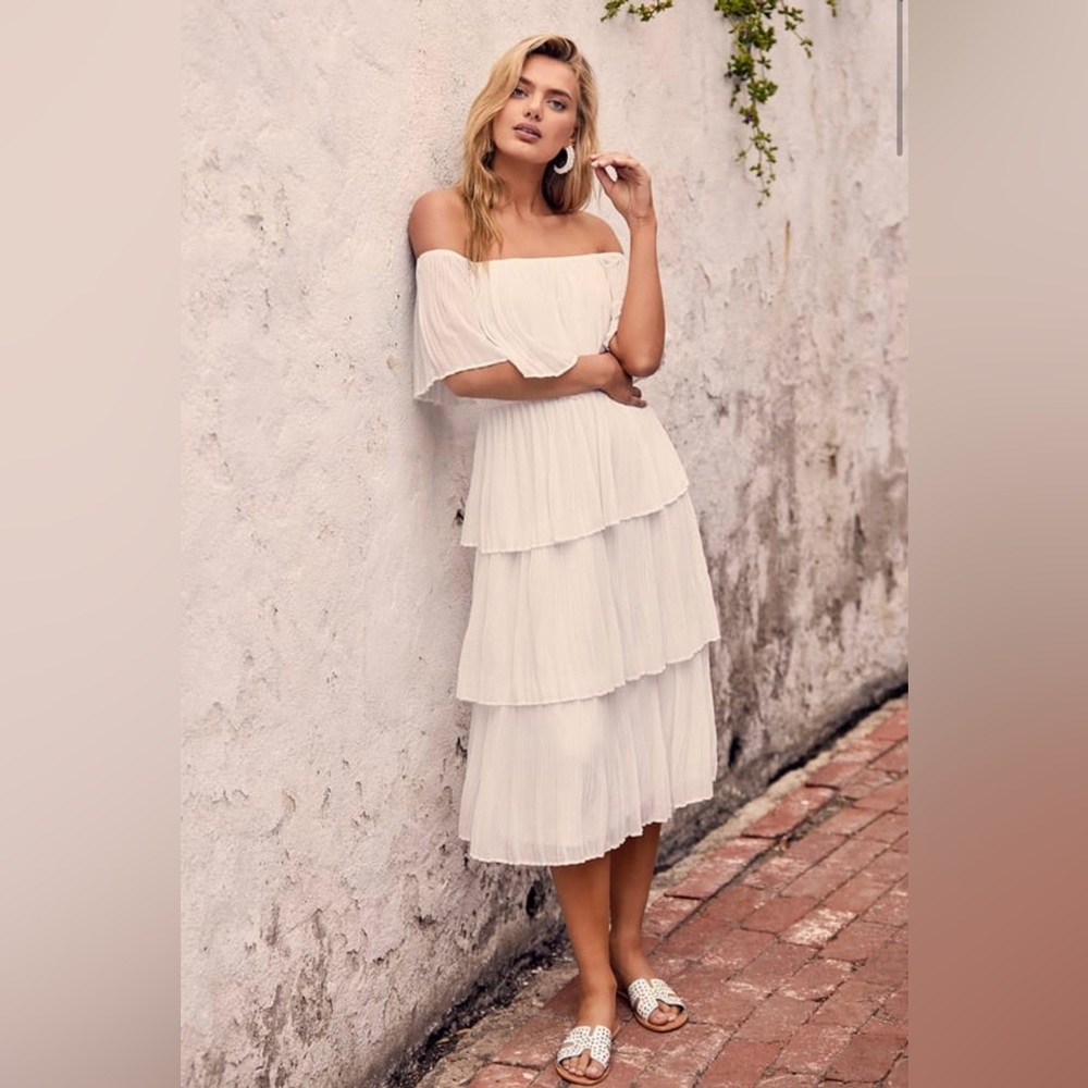 Lulu’s Gala Ready White Off-the-Shoulder Ruffle Midi Dress